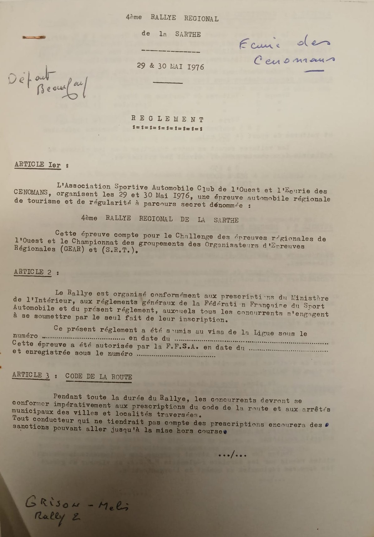 4e Rallye Le Mans Reglement